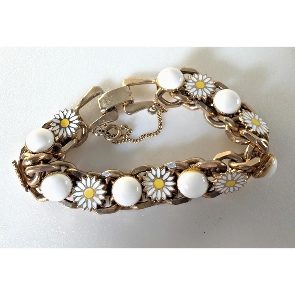 Vintage White Cabochon Daisy Flower Chunky Bracelet 1950's 1960's Jewelry 7" MCM